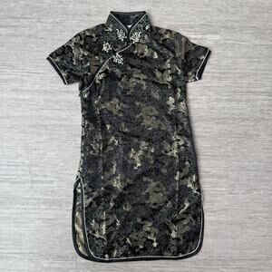 Golden Dragon Girls Size 4 Black Gold Brocade Chinese Cheongsam Dress Dragon